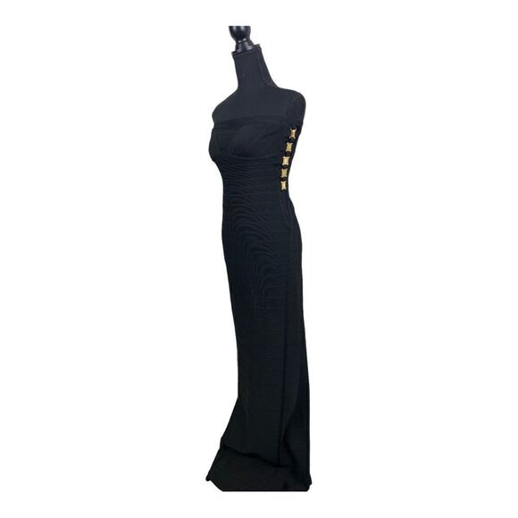 #150 HERVE LEGER Bandage Stretch Maxi Dress in Black and Gold - Picture 5 of 14
